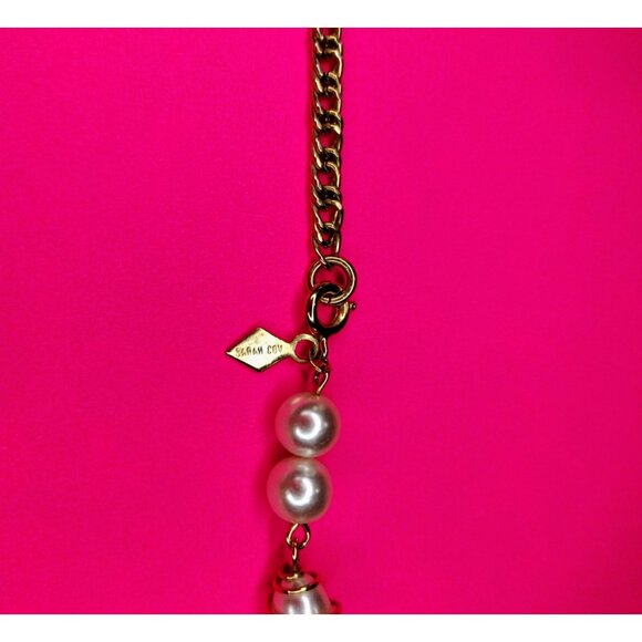Sarah Coventry Vintage Gold Tone Chain Faux Pearl Pendant Long Necklace Jewelry - Picture 7 of 16